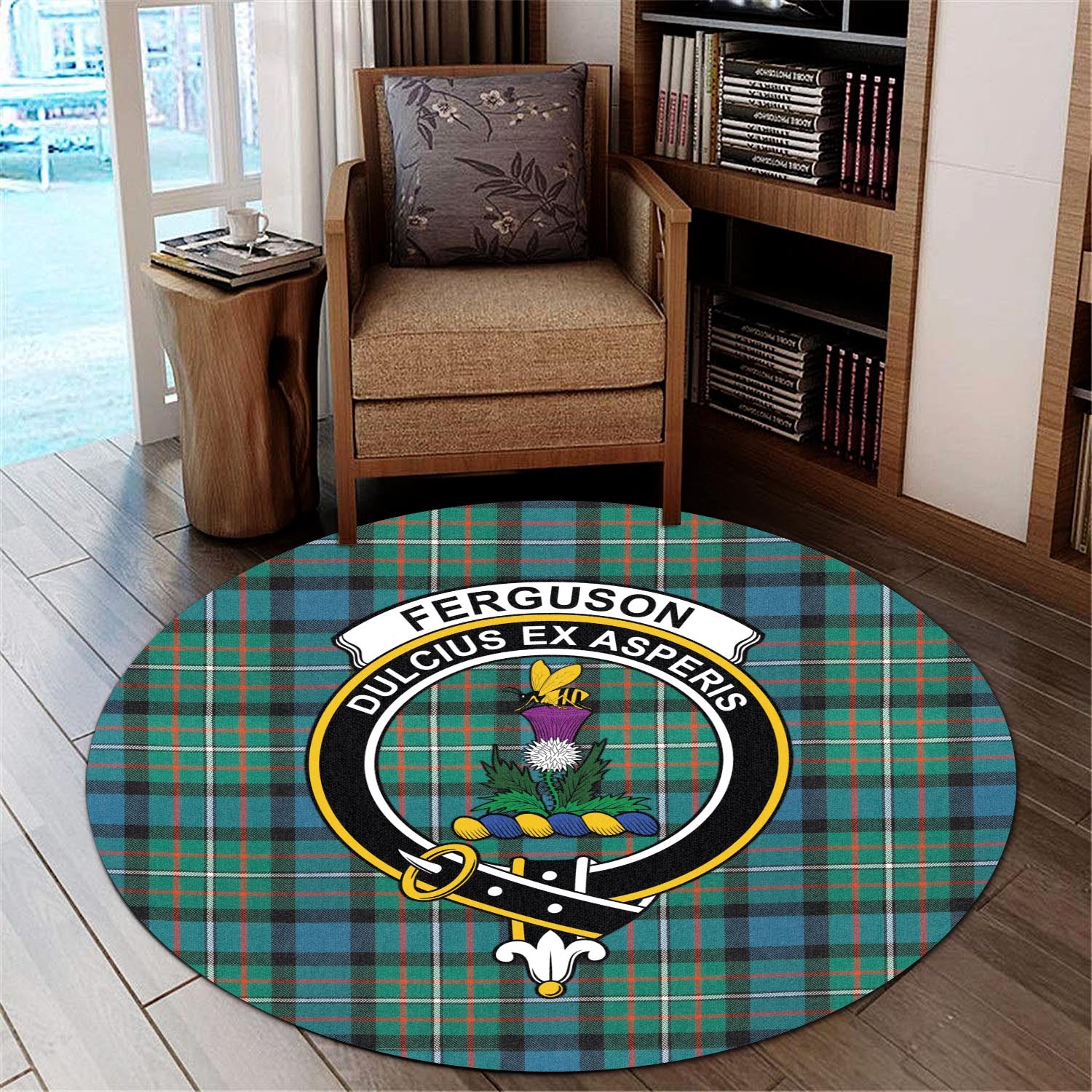 Ferguson Ancient Tartan Round Rug with Family Crest - Tartanvibesclothing