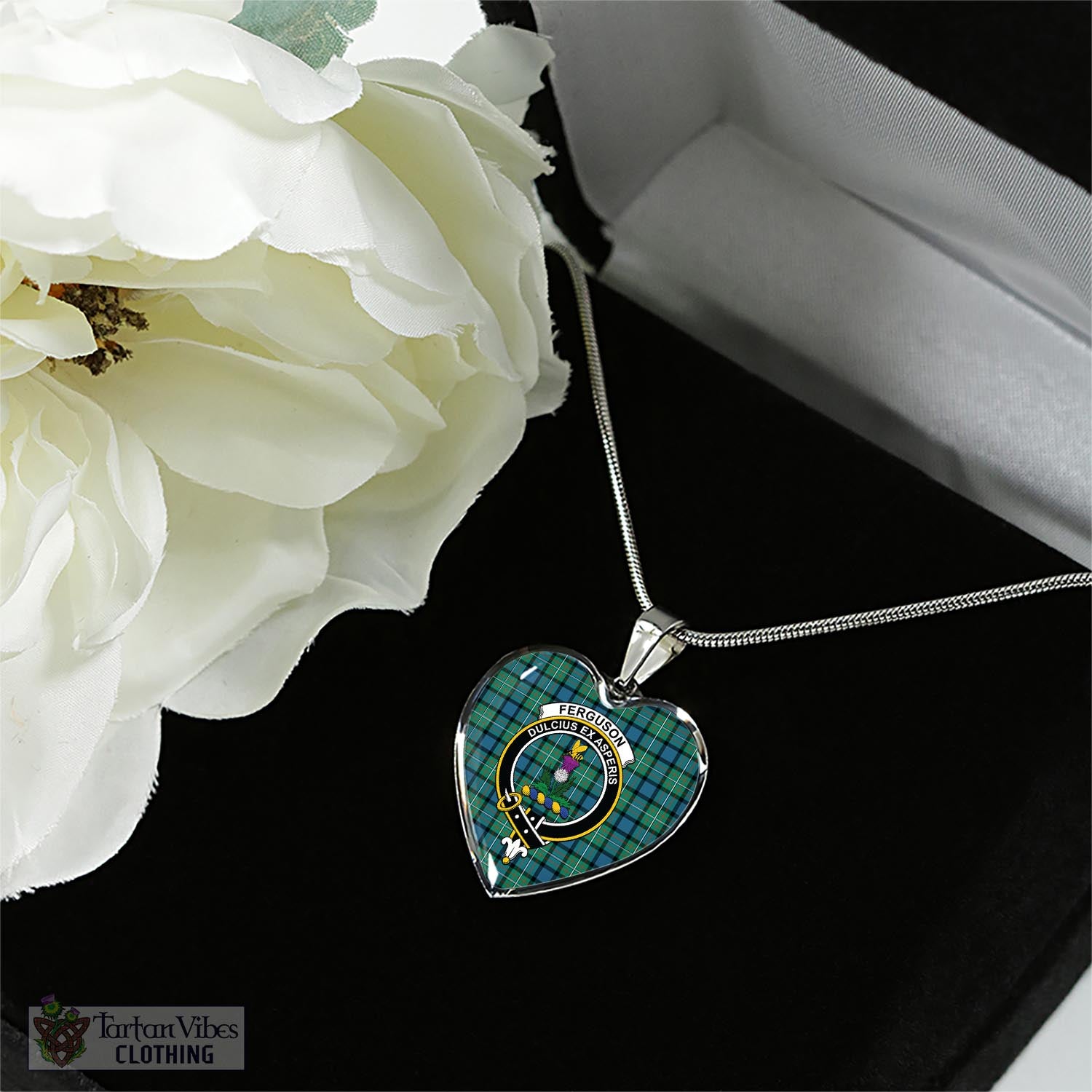 Tartan Vibes Clothing Ferguson Ancient Tartan Heart Necklace with Family Crest
