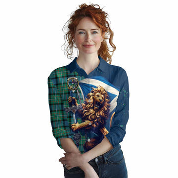 Tartan Vibes Clothing Ferguson (Fergusson) Tartan Family Crest Women's Casual Shirt with Scottish Majestic Lion