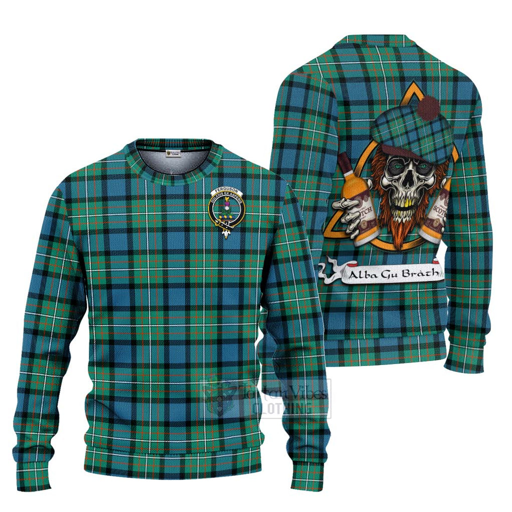 Tartan Vibes Clothing Ferguson (Fergusson) Tartan Knitted Sweater with Family Crest and Bearded Skull Holding Bottles of Whiskey
