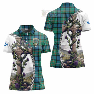 Ferguson (Fergusson) Tartan Women's Polo Shirt with Family Crest and St. Andrew's Cross Accented by Thistle Vines