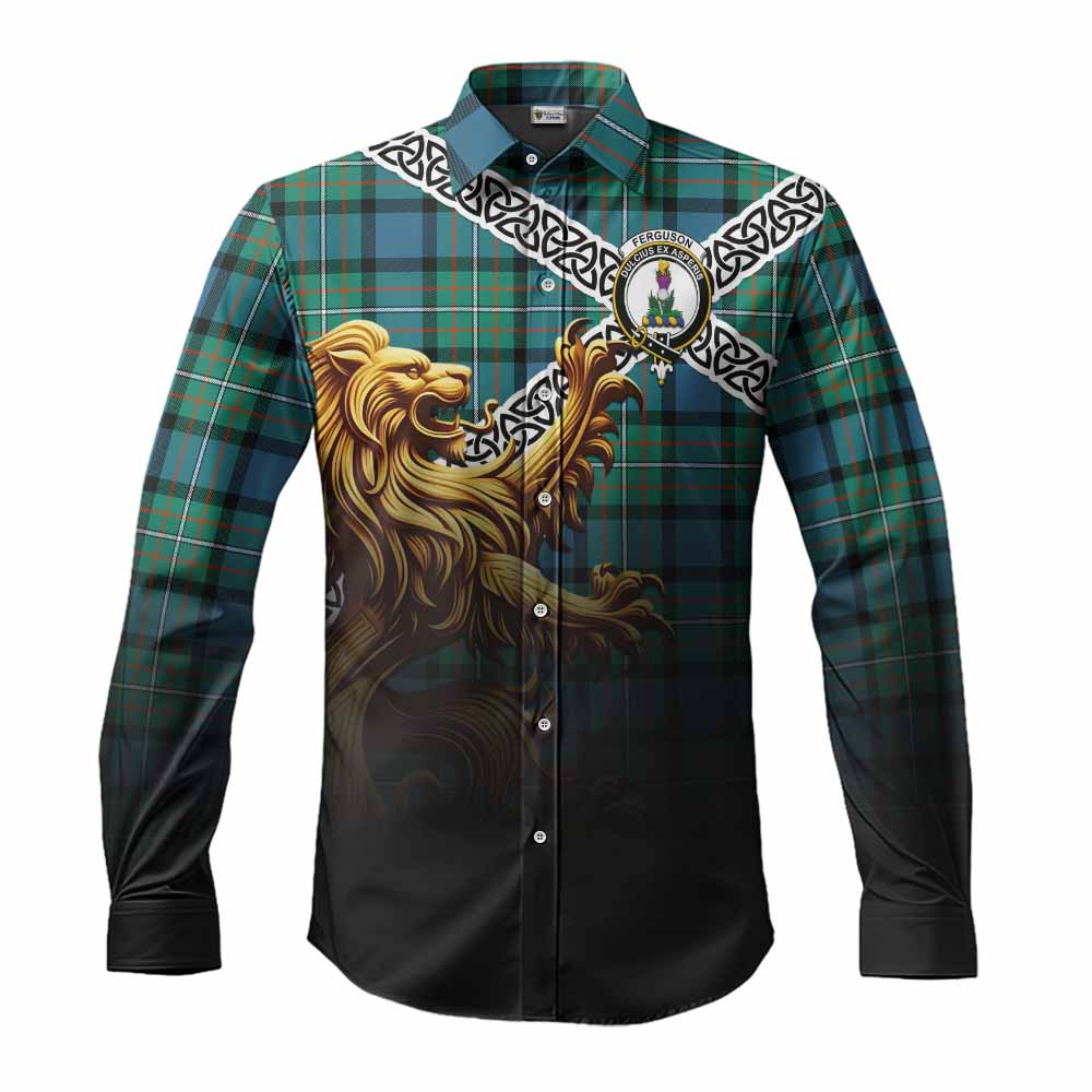 Tartan Vibes Clothing Ferguson (Fergusson) Crest Tartan Long Sleeve Button Shirt with Golden Lion Emblem Celtic Style