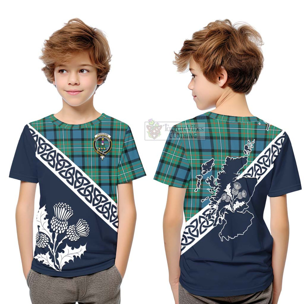 Tartan Vibes Clothing Ferguson (Fergusson) Tartan Kid T-Shirt Featuring Thistle and Scotland Map