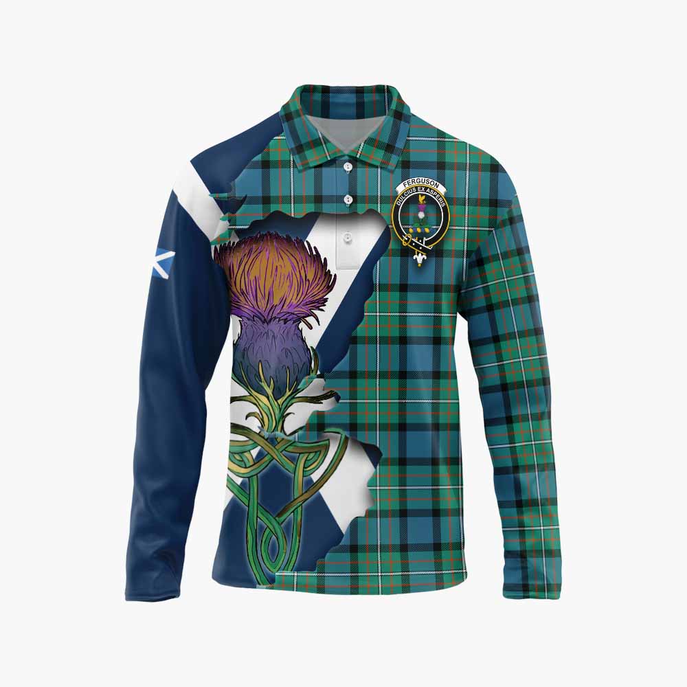 Tartan Vibes Clothing Ferguson (Fergusson) Tartan Family Crest Long Sleeve Polo Shirt Scottish Thistle Celtic Inspired