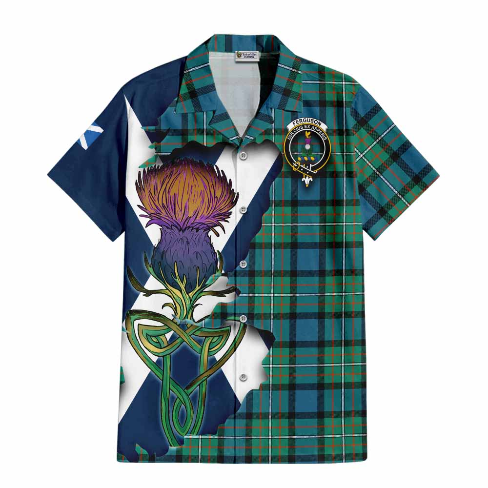 Tartan Vibes Clothing Ferguson (Fergusson) Tartan Family Crest Short Sleeve Button Shirt Scottish Thistle Celtic Inspired