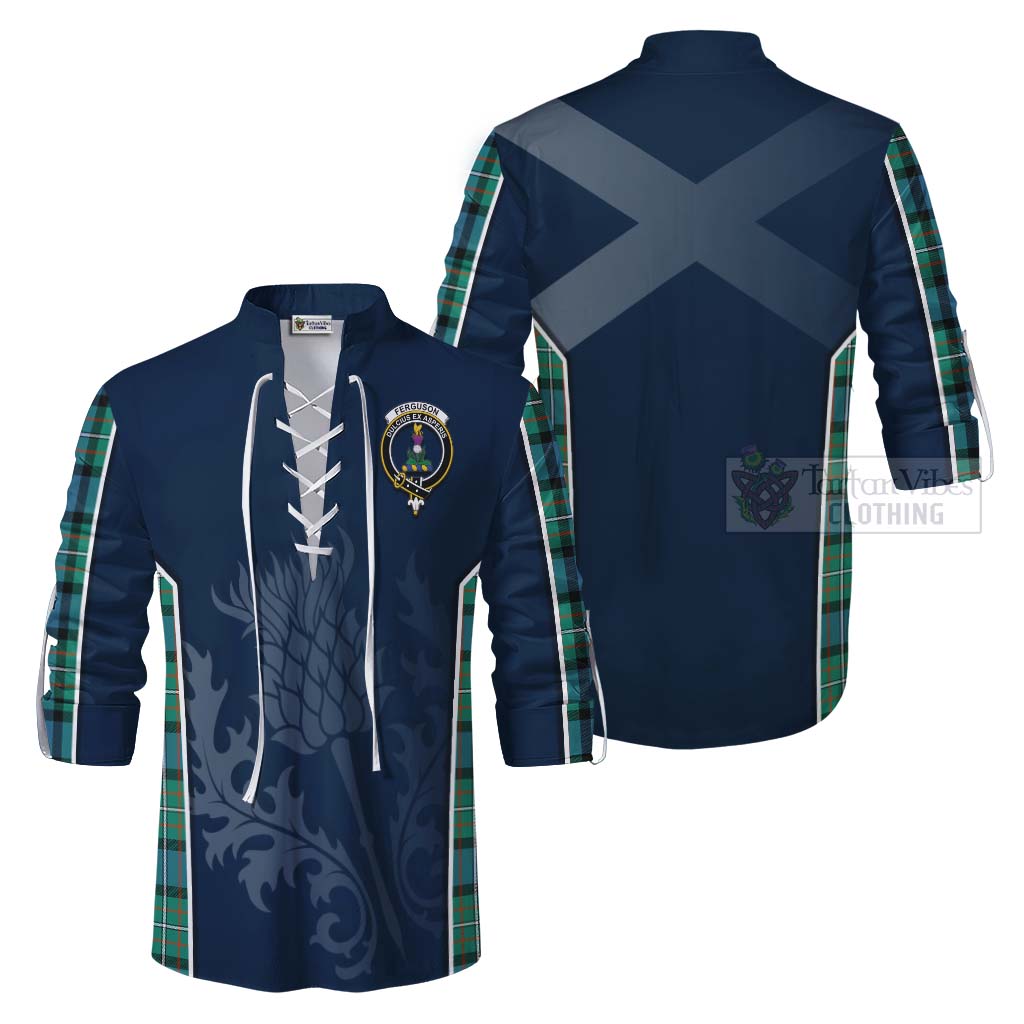 Tartan Vibes Clothing Ferguson (Fergusson) Tartan Ghillie Kilt Shirt with Family Crest and Scottish Thistle Vibes Sport Style