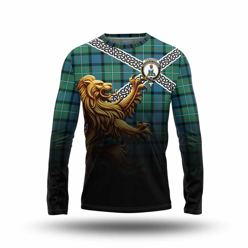 Tartan Vibes Clothing Ferguson (Fergusson) Crest Tartan Long Sleeve T-Shirt with Golden Lion Emblem Celtic Style