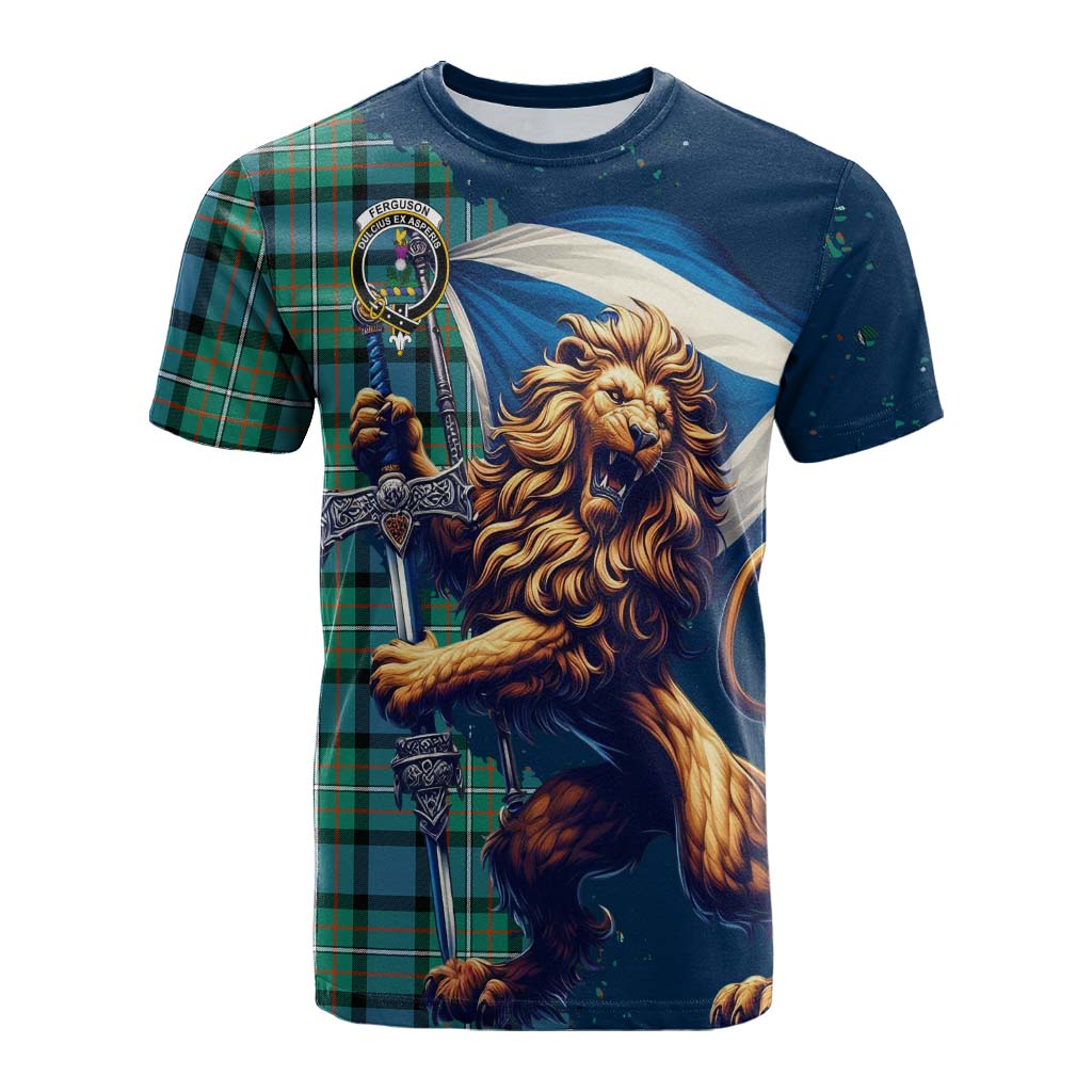 Tartan Vibes Clothing Ferguson (Fergusson) Tartan Family Crest Cotton T-shirt with Scottish Majestic Lion
