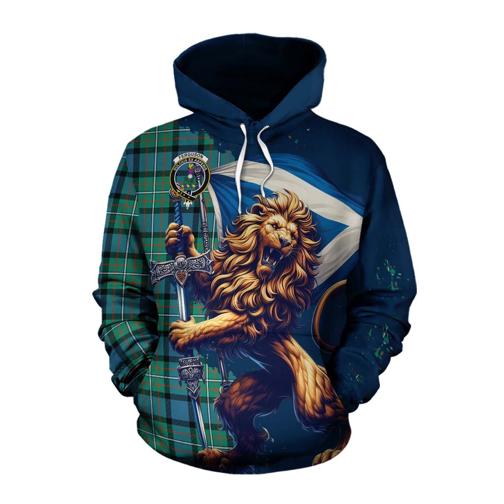 Tartan Vibes Clothing Ferguson (Fergusson) Tartan Family Crest Cotton Hoodie with Scottish Majestic Lion