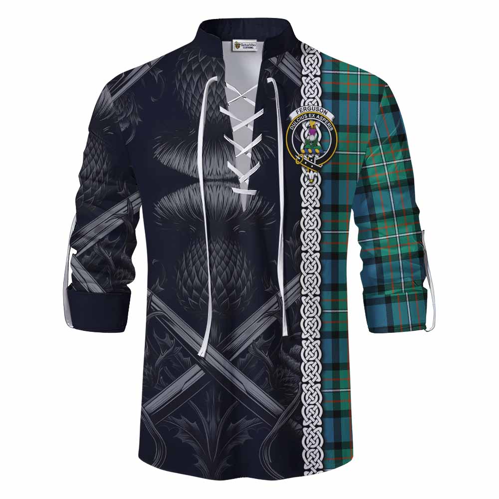 Tartan Vibes Clothing Ferguson (Fergusson) Tartan Ghillie Kilt Shirt with Family Crest Cross Sword Thistle Celtic Vibes