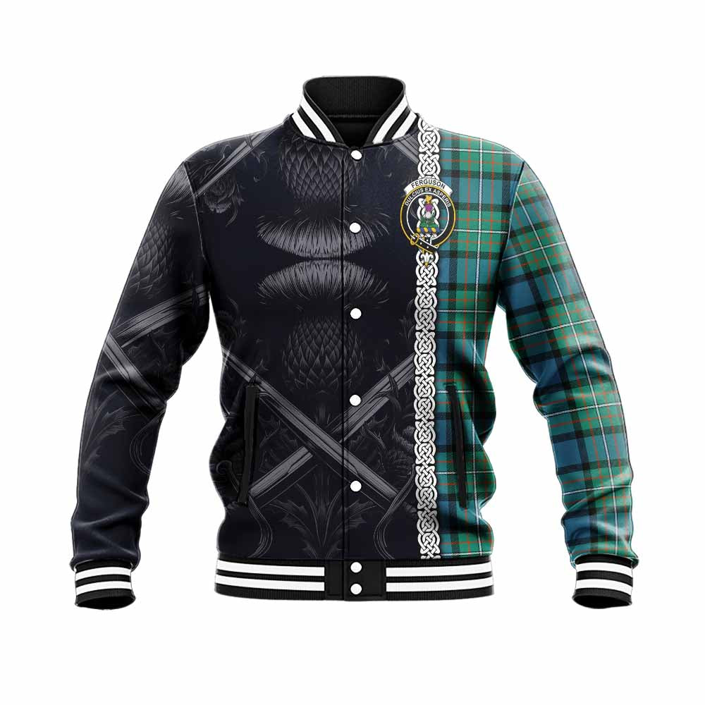 Tartan Vibes Clothing Ferguson (Fergusson) Tartan Baseball Jacket with Family Crest Cross Sword Thistle Celtic Vibes
