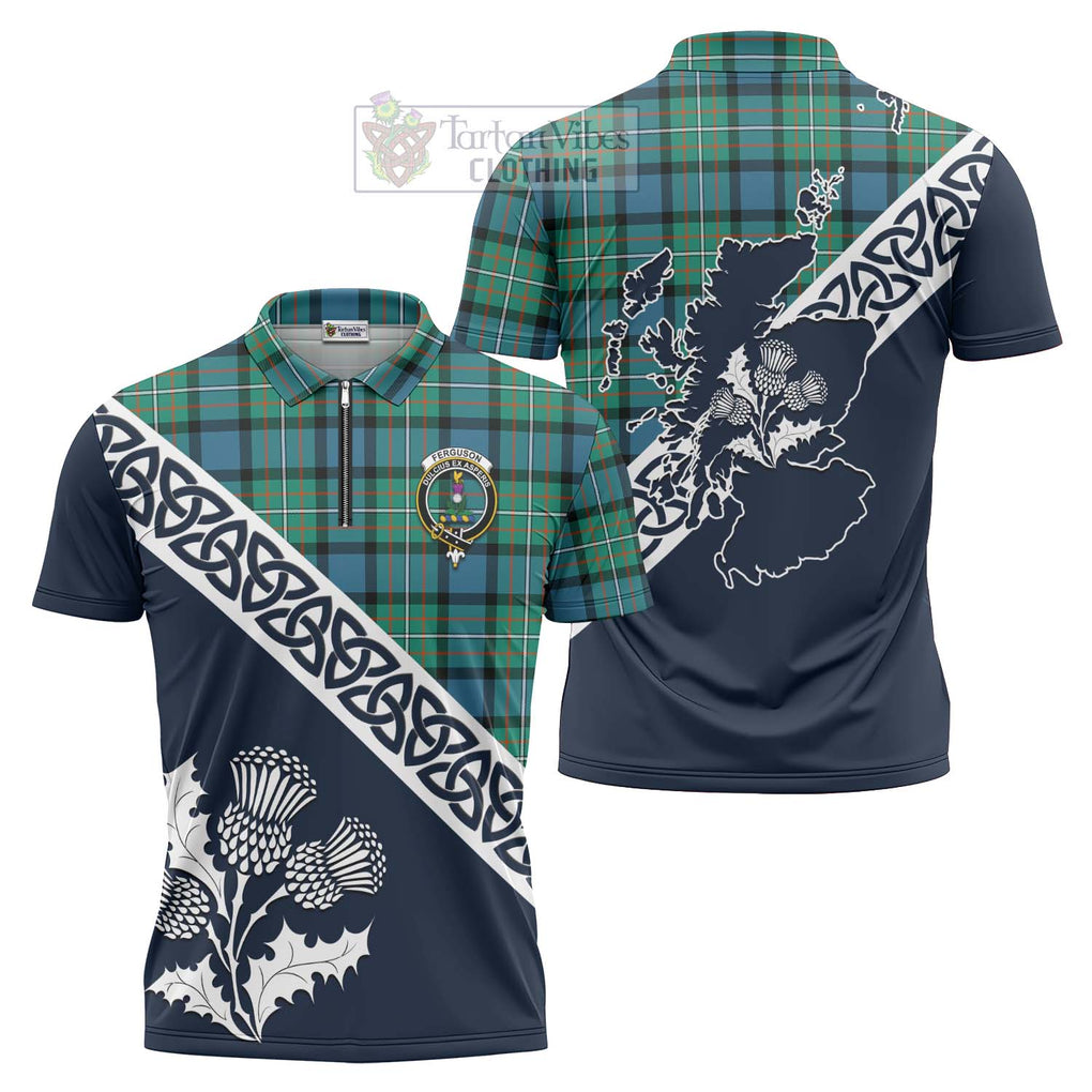 Tartan Vibes Clothing Ferguson (Fergusson) Tartan Zipper Polo Shirt Featuring Thistle and Scotland Map
