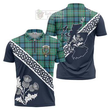 Tartan Vibes Clothing Ferguson (Fergusson) Tartan Zipper Polo Shirt Featuring Thistle and Scotland Map