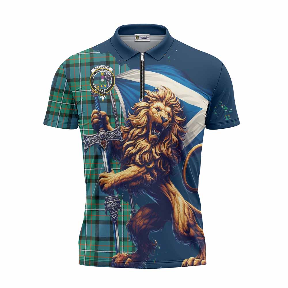 Tartan Vibes Clothing Ferguson (Fergusson) Tartan Family Crest Zipper Polo Shirt with Scottish Majestic Lion