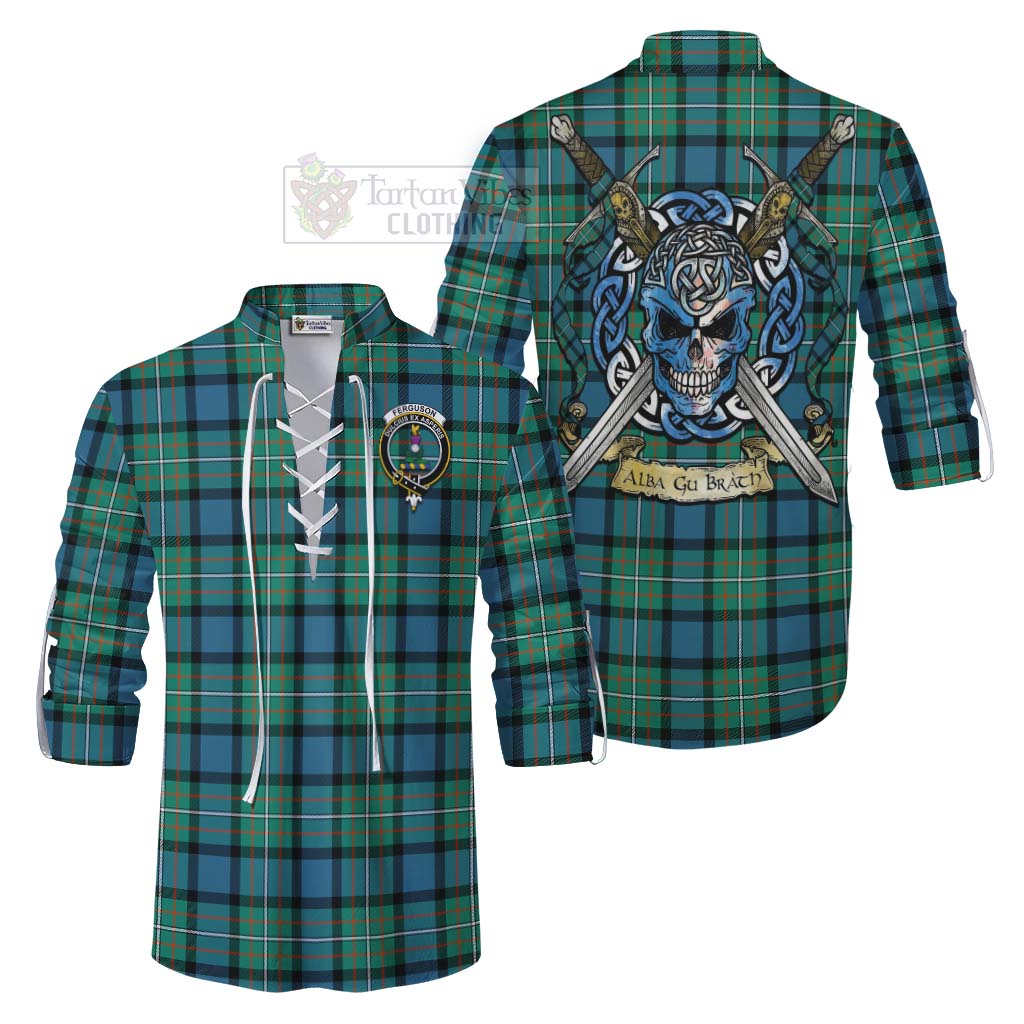Tartan Vibes Clothing Ferguson (Fergusson) Tartan Ghillie Kilt Shirt with Family Crest Celtic Skull Style