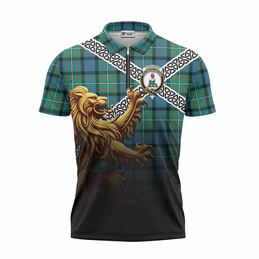 Tartan Vibes Clothing Ferguson (Fergusson) Crest Tartan Zipper Polo Shirt with Golden Lion Emblem Celtic Style