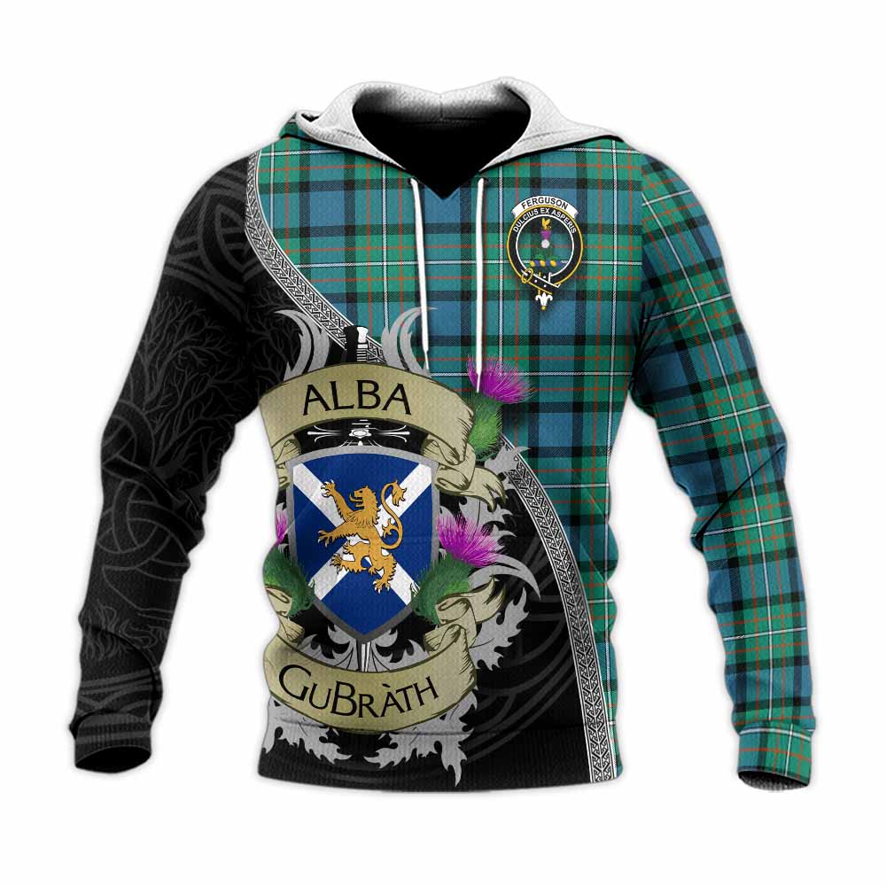 Tartan Vibes Clothing Ferguson (Fergusson) Tartan Family Crest Knitted Hoodie Lion Rampant Royal Thistle Shield Celtic Inspired