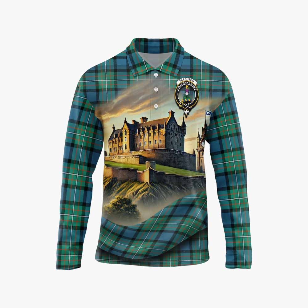 Tartan Vibes Clothing Ferguson (Fergusson) Tartan Family Crest Long Sleeve Polo Shirt with Scottish Ancient Castle Style