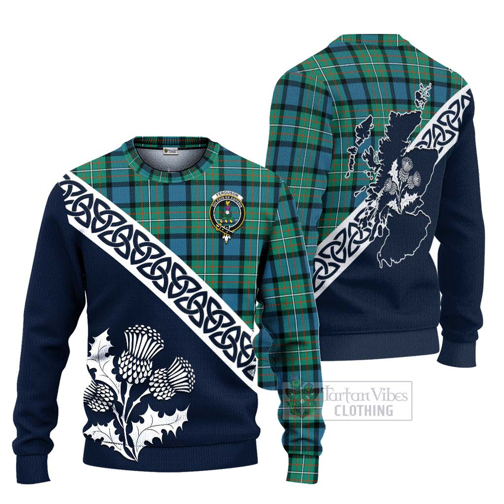 Tartan Vibes Clothing Ferguson (Fergusson) Tartan Knitted Sweater Featuring Thistle and Scotland Map