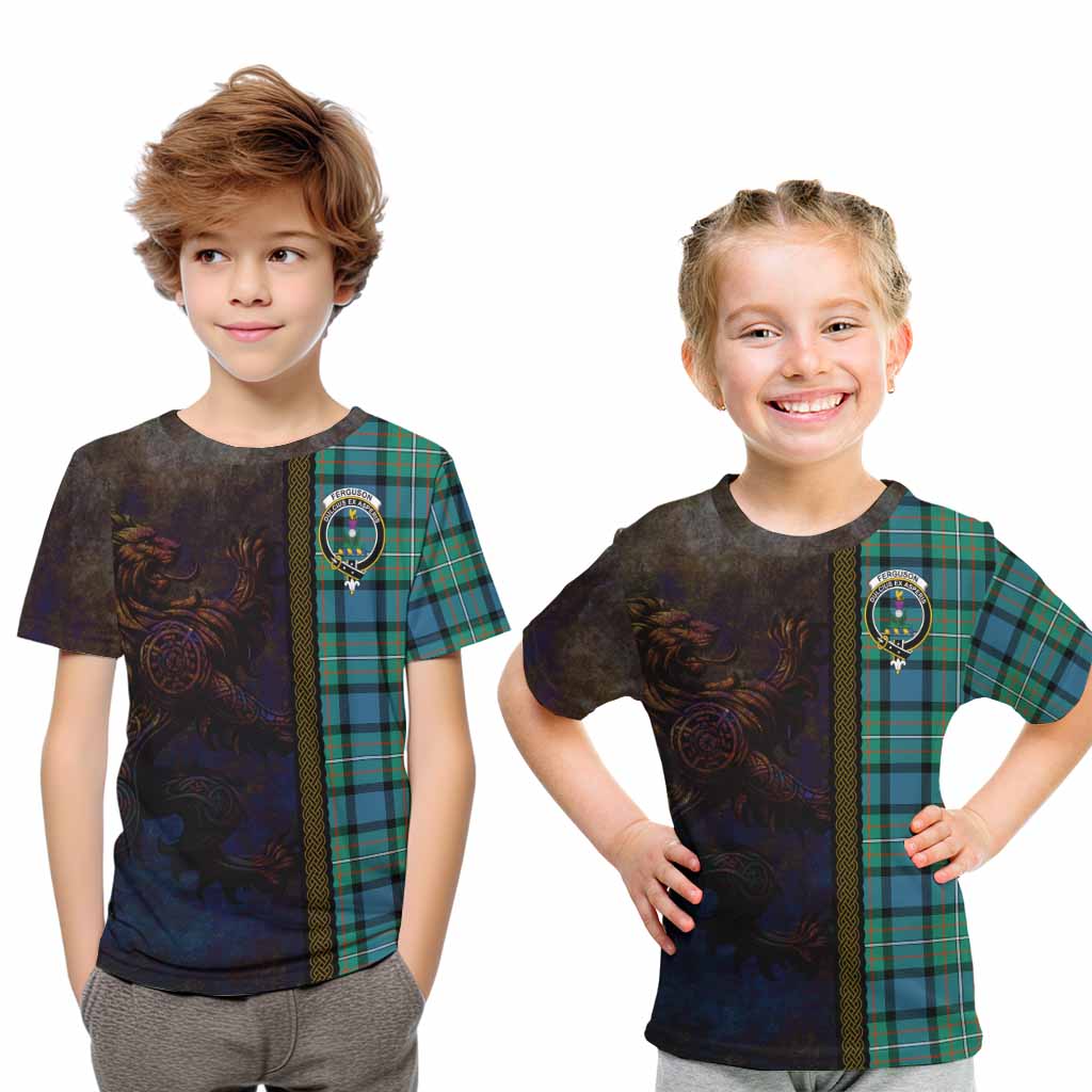 Tartan Vibes Clothing Ferguson (Fergusson) Tartan Family Crest Kid T-Shirt Alba Gu Brath Be Brave Lion Ancient Style