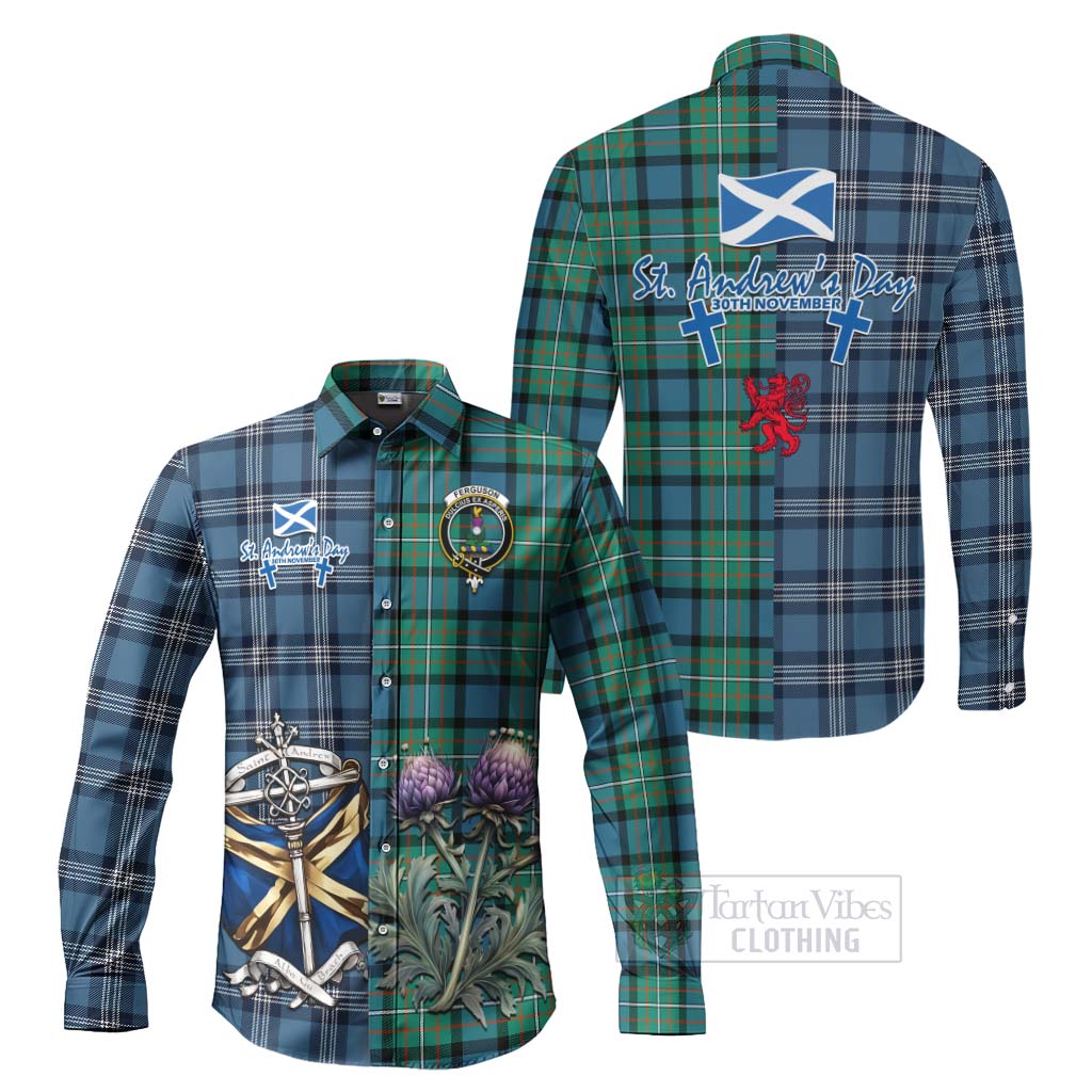 Tartan Vibes Clothing Ferguson (Fergusson) Tartan Long Sleeve Button Shirt Happy St. Andrew's Day Half Tartan Style
