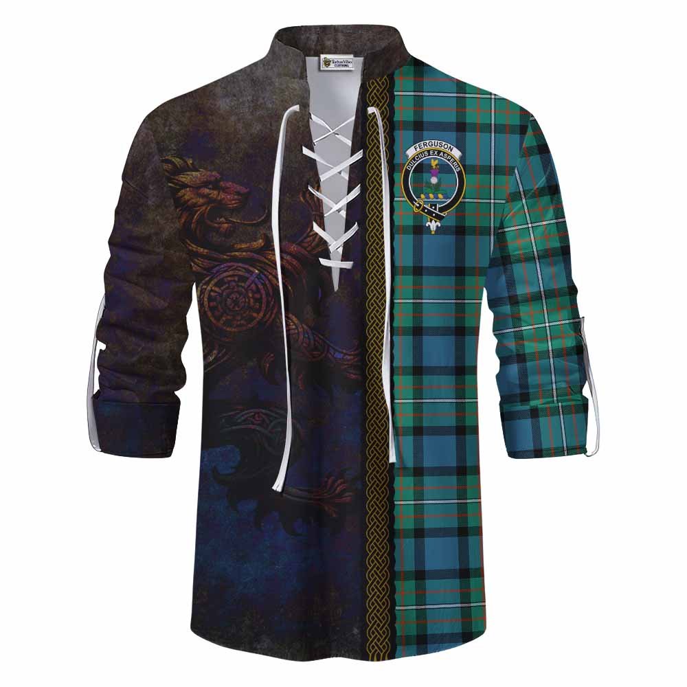Tartan Vibes Clothing Ferguson (Fergusson) Tartan Family Crest Ghillie Kilt Shirt Alba Gu Brath Be Brave Lion Ancient Style