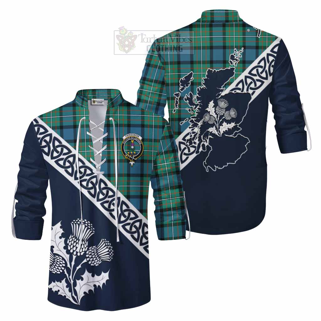 Tartan Vibes Clothing Ferguson (Fergusson) Tartan Ghillie Kilt Shirt Featuring Thistle and Scotland Map