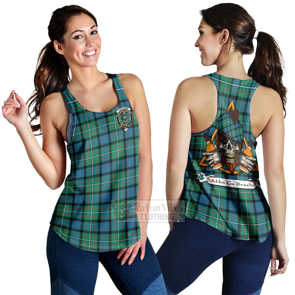 Tartan Vibes Clothing Ferguson (Fergusson) Tartan Women's Racerback Tanks with Family Crest and Bearded Skull Holding Bottles of Whiskey