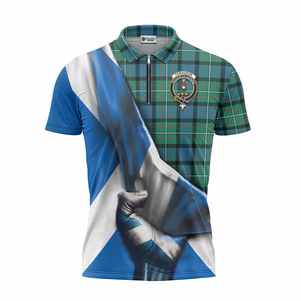 Tartan Vibes Clothing Ferguson (Fergusson) Tartan Zipper Polo Shirt with Family Crest Scotland Patriotic Style