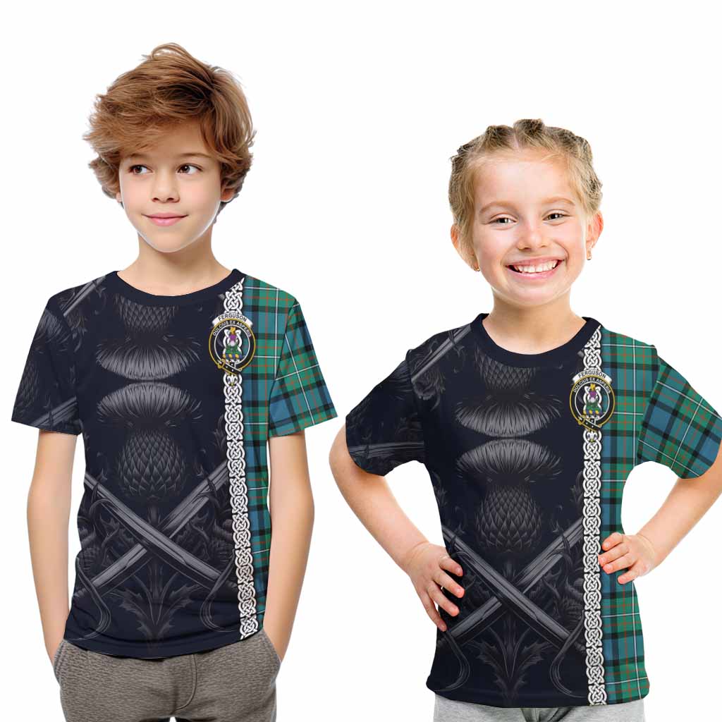 Tartan Vibes Clothing Ferguson (Fergusson) Tartan Kid T-Shirt with Family Crest Cross Sword Thistle Celtic Vibes
