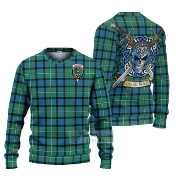 Tartan Vibes Clothing Ferguson (Fergusson) Tartan Knitted Sweater with Family Crest Celtic Skull Style