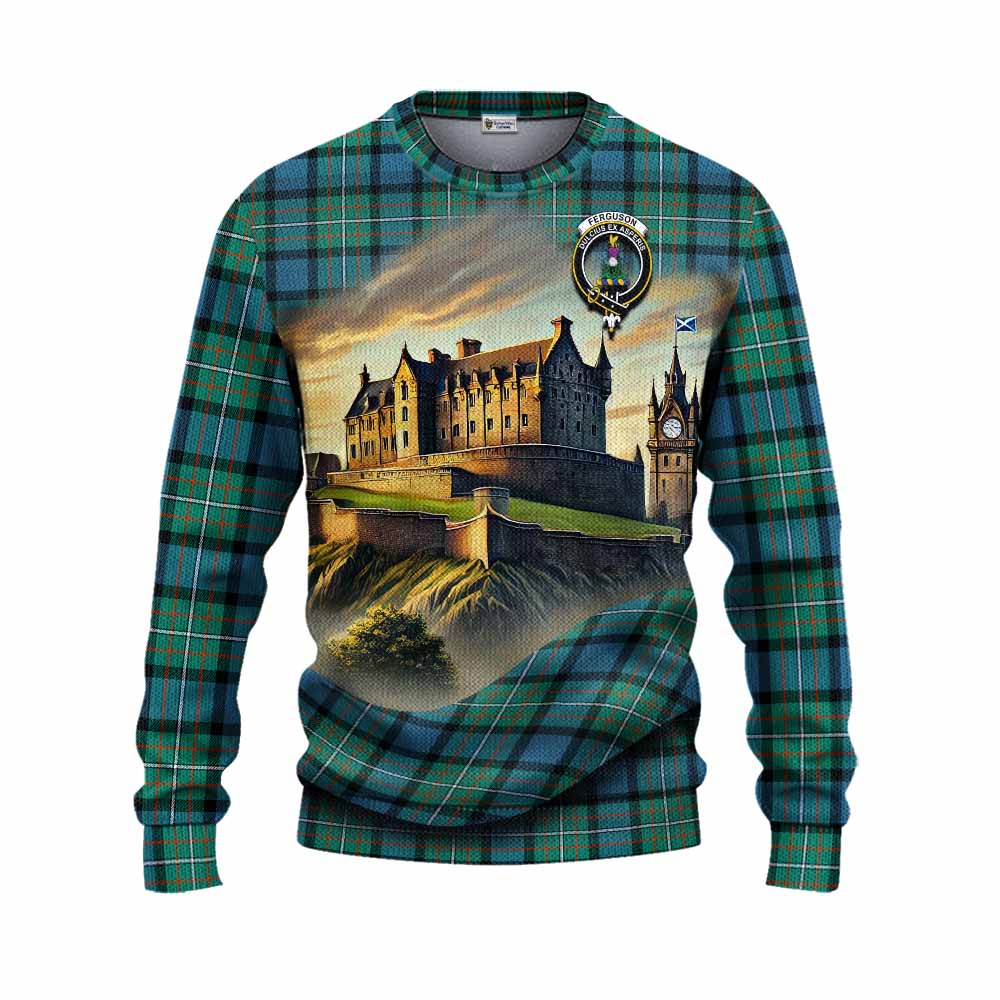 Tartan Vibes Clothing Ferguson (Fergusson) Tartan Family Crest Knitted Sweater with Scottish Ancient Castle Style