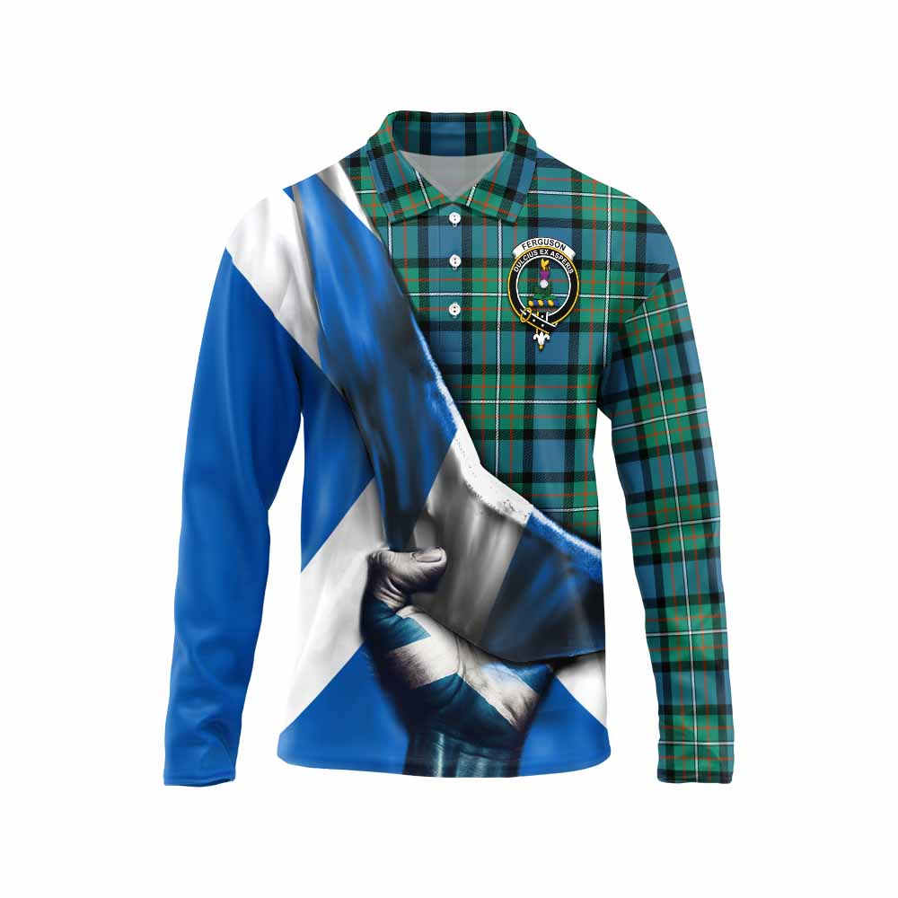 Tartan Vibes Clothing Ferguson (Fergusson) Tartan Long Sleeve Polo Shirt with Family Crest Scotland Patriotic Style