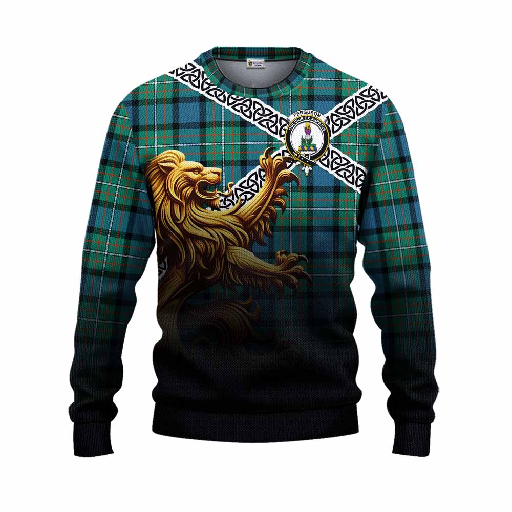 Tartan Vibes Clothing Ferguson (Fergusson) Crest Tartan Knitted Sweater with Golden Lion Emblem Celtic Style