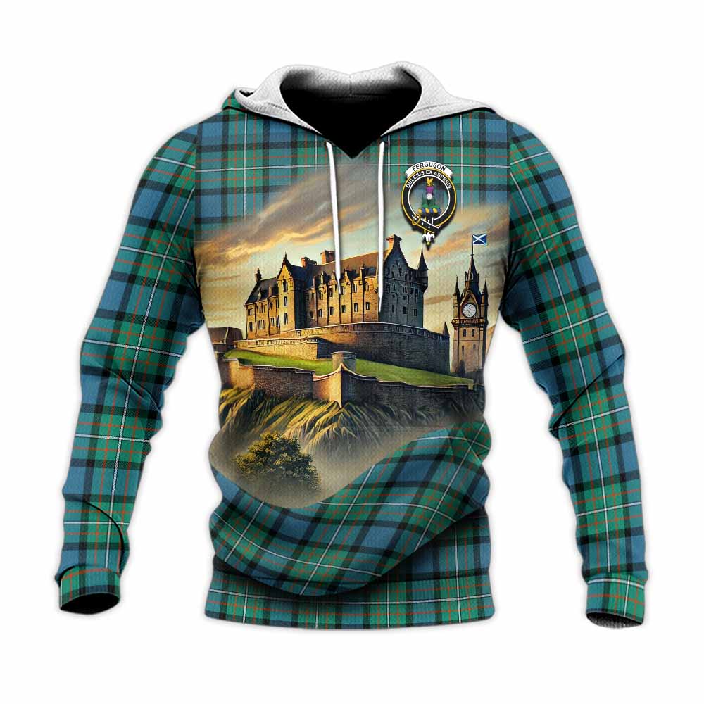Tartan Vibes Clothing Ferguson (Fergusson) Tartan Family Crest Knitted Hoodie with Scottish Ancient Castle Style