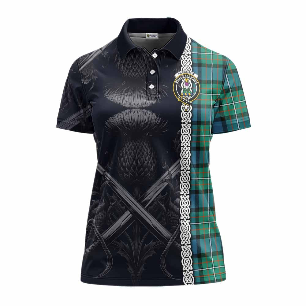 Tartan Vibes Clothing Ferguson (Fergusson) Tartan Women's Polo Shirt with Family Crest Cross Sword Thistle Celtic Vibes