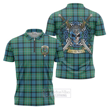 Tartan Vibes Clothing Ferguson (Fergusson) Tartan Zipper Polo Shirt with Family Crest Celtic Skull Style