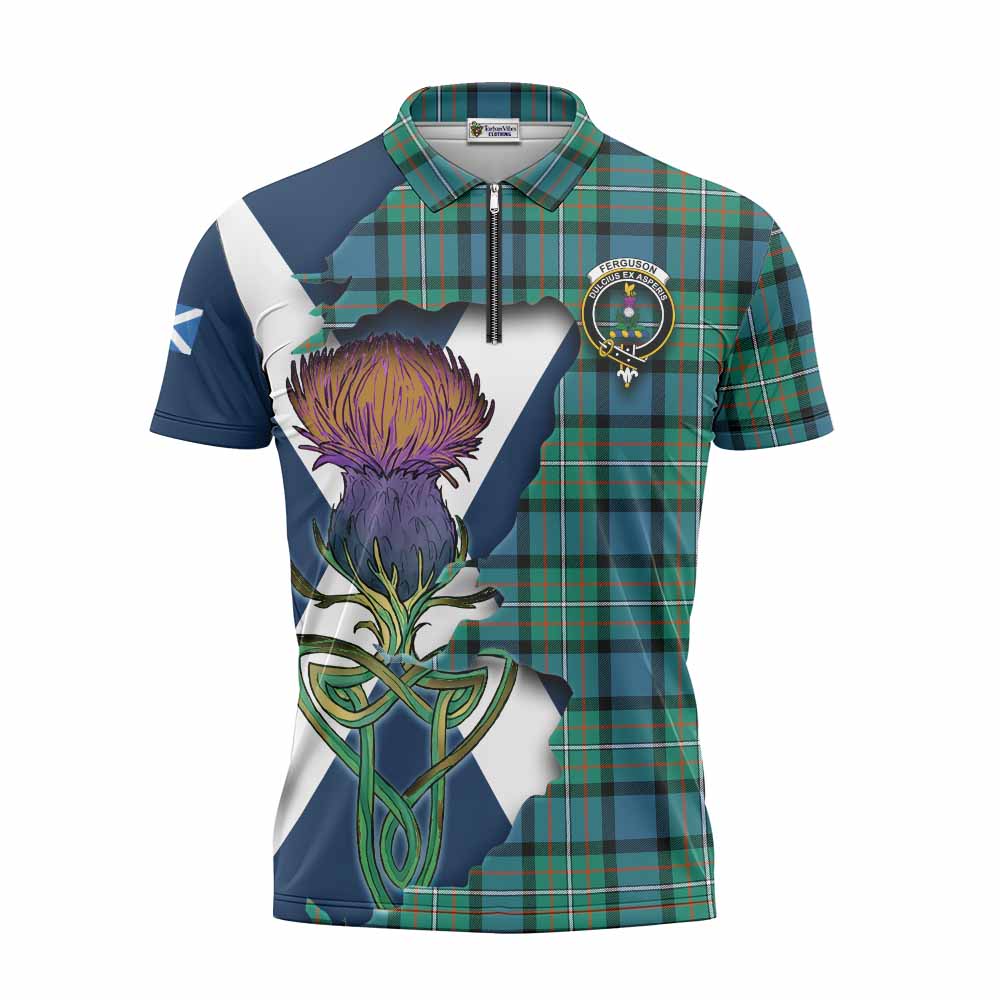 Tartan Vibes Clothing Ferguson (Fergusson) Tartan Family Crest Zipper Polo Shirt Scottish Thistle Celtic Inspired
