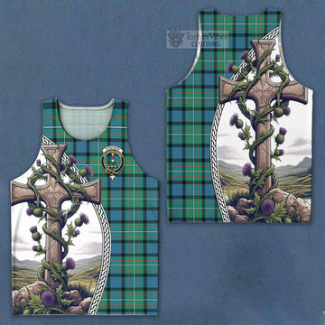 Tartan Vibes Clothing Ferguson (Fergusson) Tartan Men's Tank Top with Family Crest and St. Andrew's Cross Accented by Thistle Vines