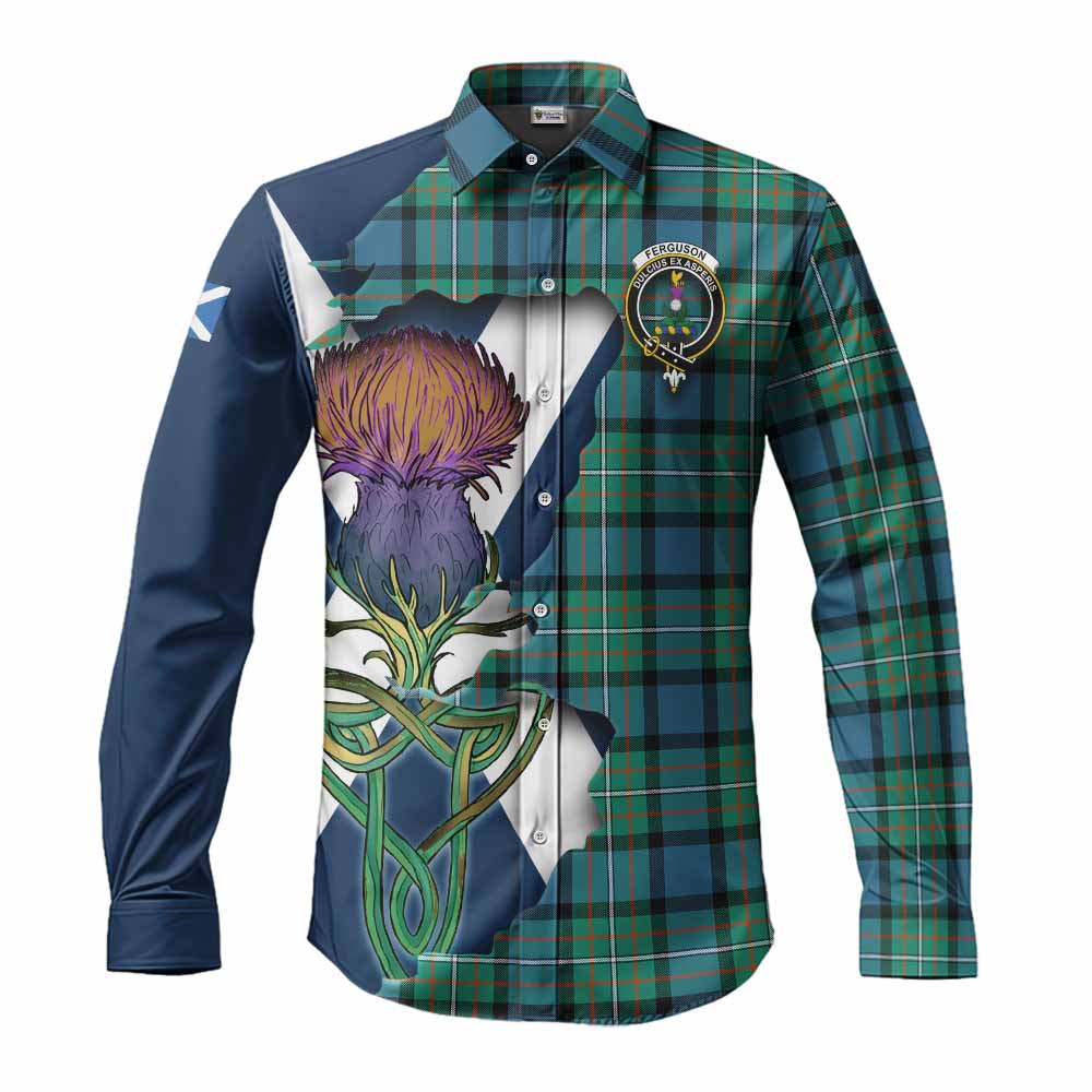Tartan Vibes Clothing Ferguson (Fergusson) Tartan Family Crest Long Sleeve Button Shirt Scottish Thistle Celtic Inspired