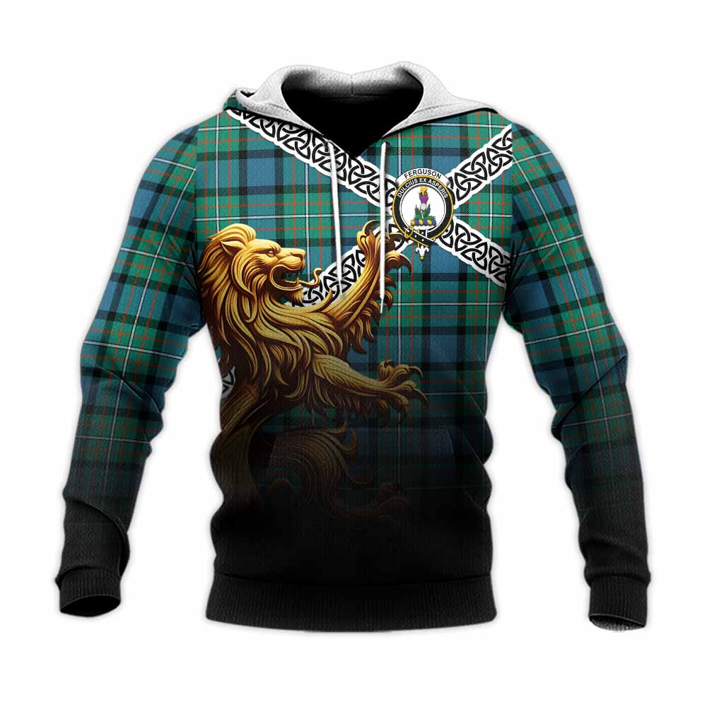 Tartan Vibes Clothing Ferguson (Fergusson) Crest Tartan Knitted Hoodie with Golden Lion Emblem Celtic Style