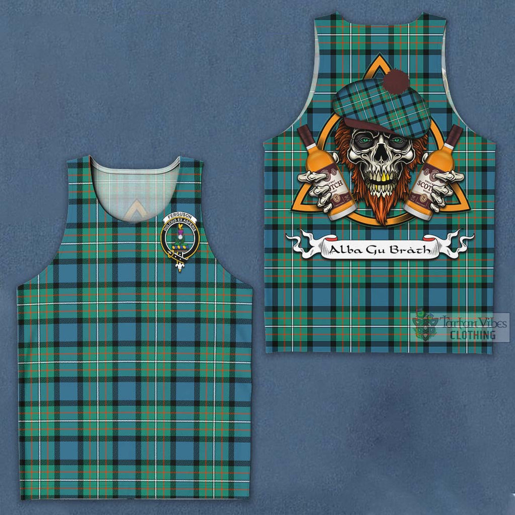 Tartan Vibes Clothing Ferguson (Fergusson) Tartan Men's Tank Top with Family Crest and Bearded Skull Holding Bottles of Whiskey