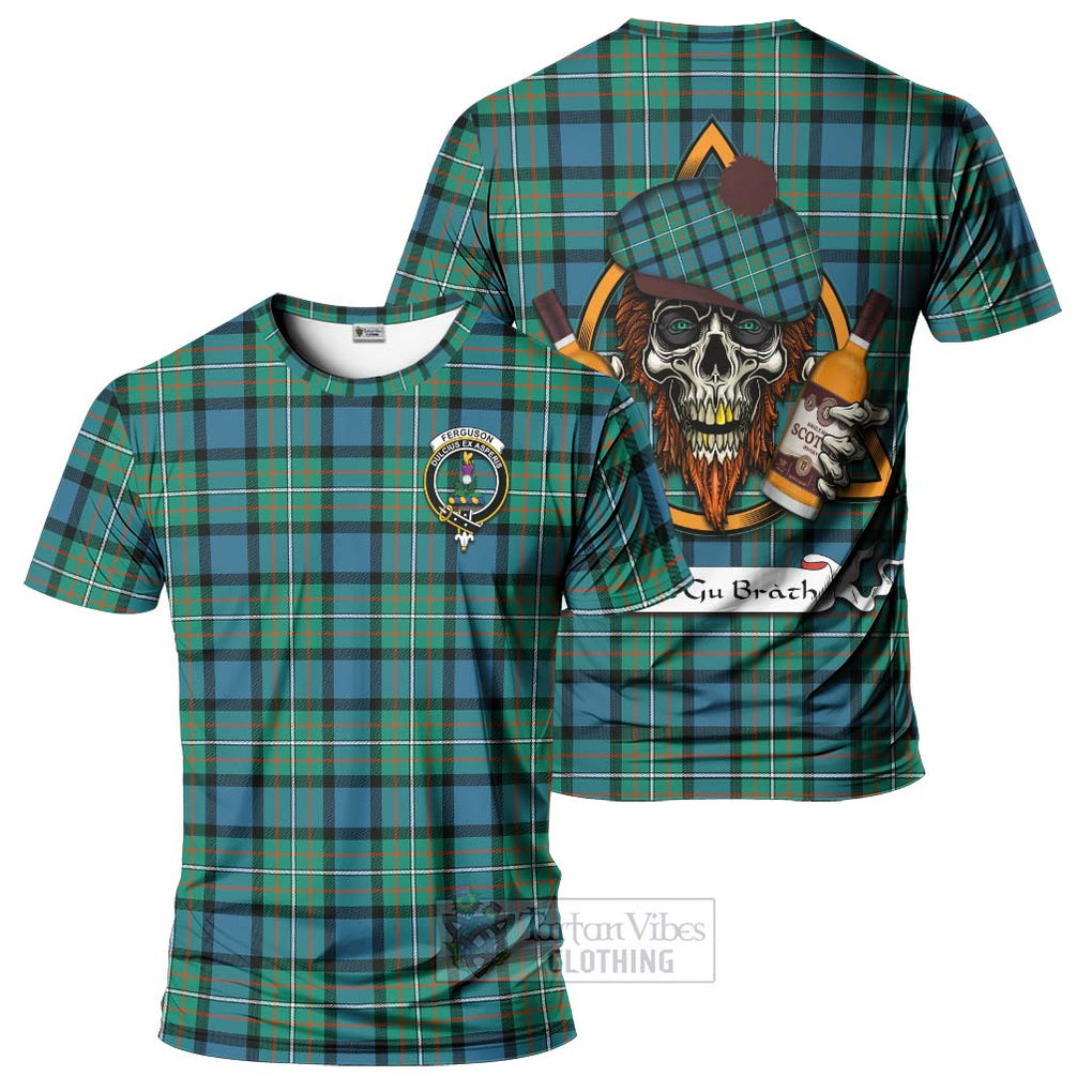 Tartan Vibes Clothing Ferguson (Fergusson) Tartan T-Shirt with Family Crest and Bearded Skull Holding Bottles of Whiskey