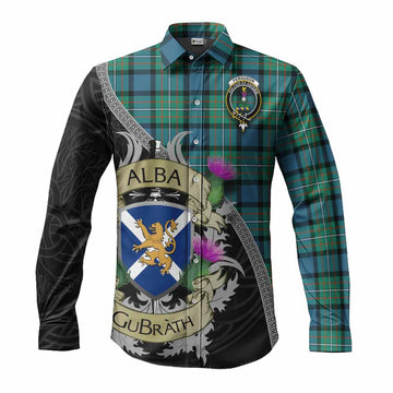 Ferguson (Fergusson) Tartan Family Crest Long Sleeve Button Shirt Lion Rampant Royal Thistle Shield Celtic Inspired
