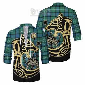 Tartan Vibes Clothing Ferguson (Fergusson) Tartan Ghillie Kilt Shirt with Family Crest Celtic Wolf Style