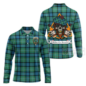 Tartan Vibes Clothing Ferguson (Fergusson) Tartan Long Sleeve Polo Shirt with Family Crest and Bearded Skull Holding Bottles of Whiskey