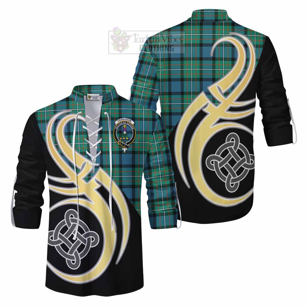 Tartan Vibes Clothing Ferguson (Fergusson) Tartan Ghillie Kilt Shirt with Family Crest and Celtic Symbol Style