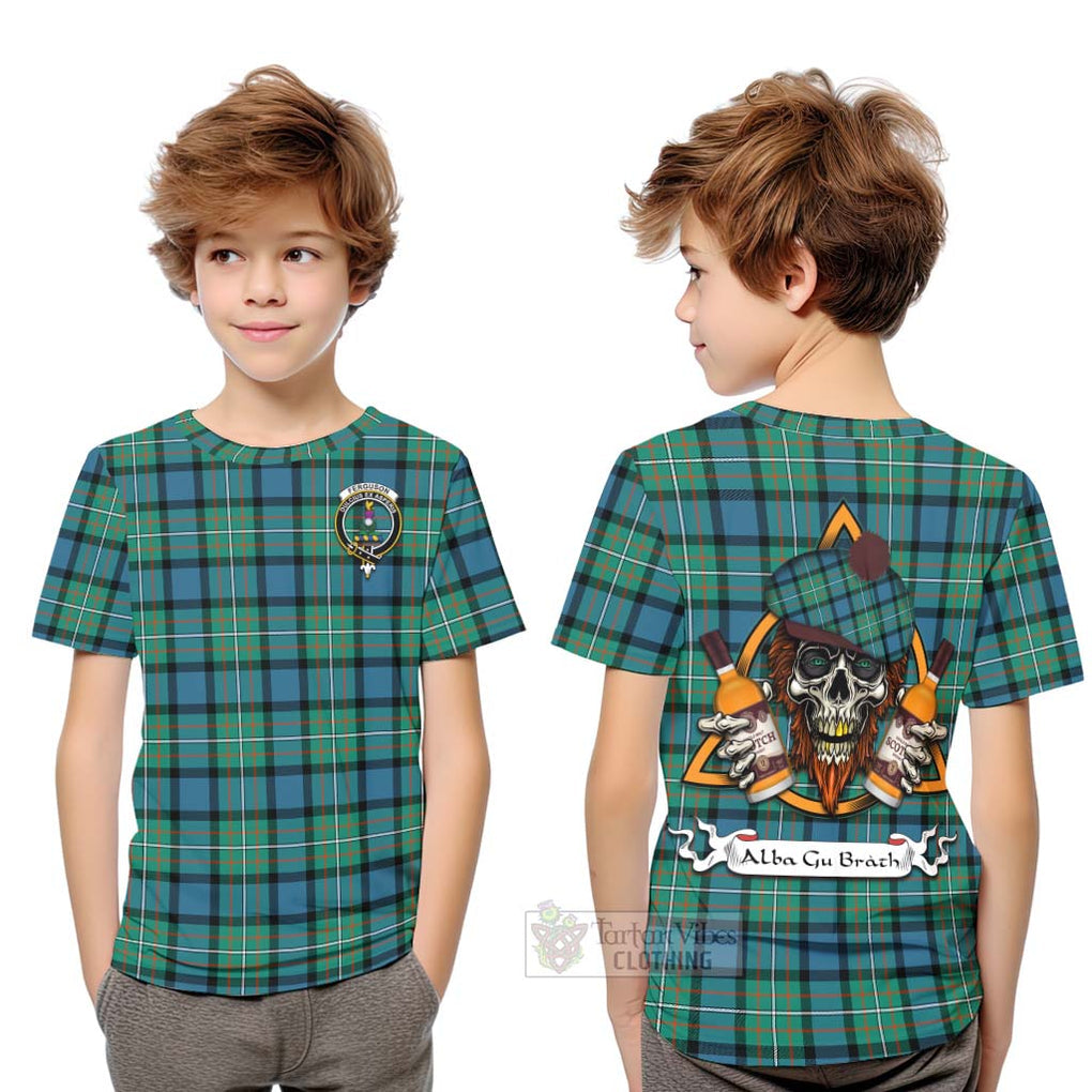 Tartan Vibes Clothing Ferguson (Fergusson) Tartan Kid T-Shirt with Family Crest and Bearded Skull Holding Bottles of Whiskey