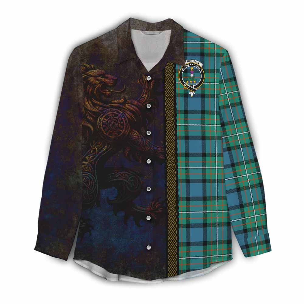 Tartan Vibes Clothing Ferguson (Fergusson) Tartan Family Crest Women's Casual Shirt Alba Gu Brath Be Brave Lion Ancient Style