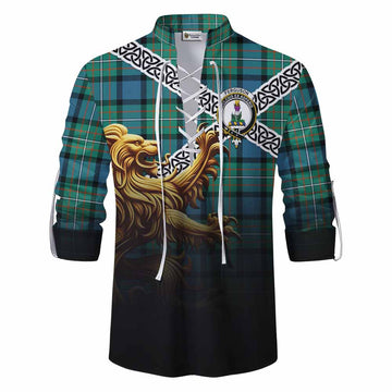 Ferguson (Fergusson) Crest Tartan Ghillie Kilt Shirt with Golden Lion Emblem Celtic Style